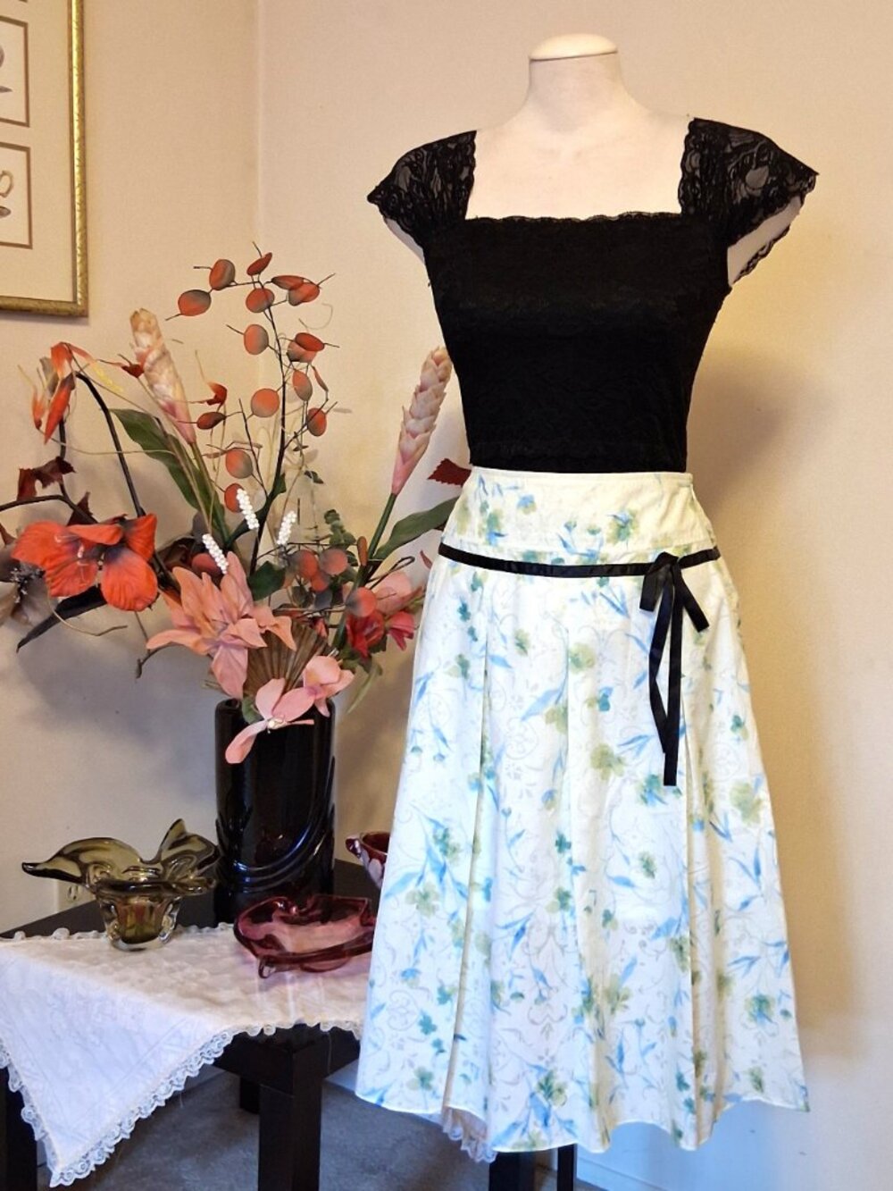 Floral Pleated Lined Midi Skirt A-Line Flared Quality Green Summer Skirts 12 - Picture 2 of 10